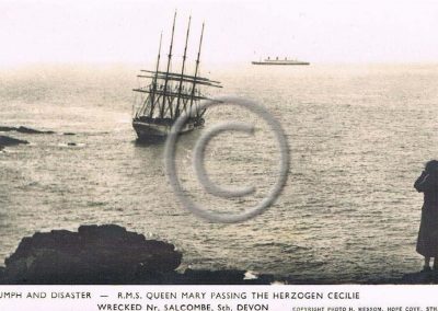 Queen Mary passing the Herzogen Cicilie wrecked near Salcombe, in Starehole Bay 1936