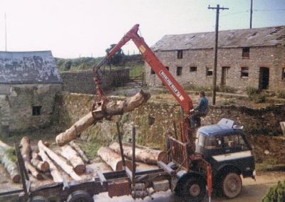 Hauling logs at Lower House Farm, between the top barns and the cow barns