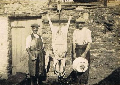 Pig killing with entrails - George Farrier on right and pig killer