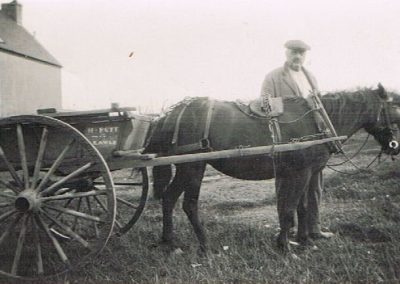 Harry Putt (carpenter) with his cart and horse on East Prawle green with his name on the cart