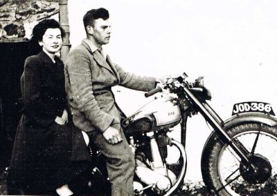 Jean Wotton (Harold Hannaford's wife) and her brother Richard on motorbike BSA 350cc model B31, number plate JOD-386
