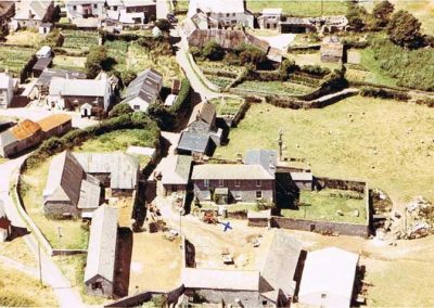 Aerial map of Lower House Farm East Prawle. Undated but before the barns were converted. Showing the shop and Pigs Nose pub, and Lower Road